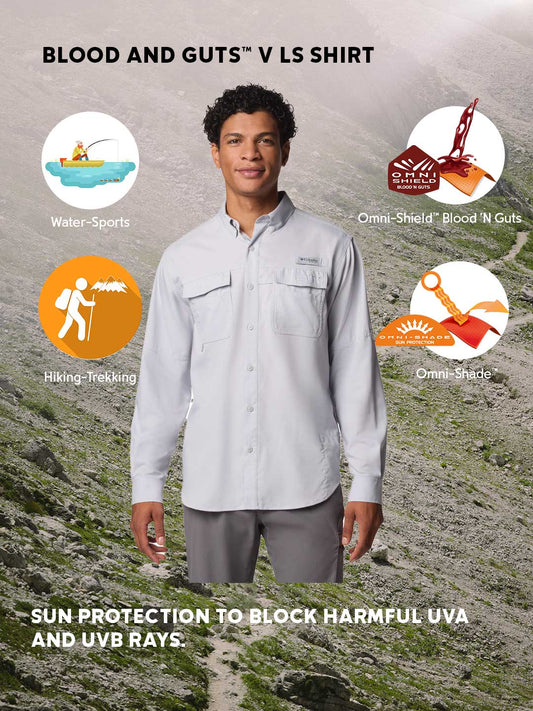 Columbia Men Light Grey Omni-Shade Blood n Guts V Long Sleeve Shirt