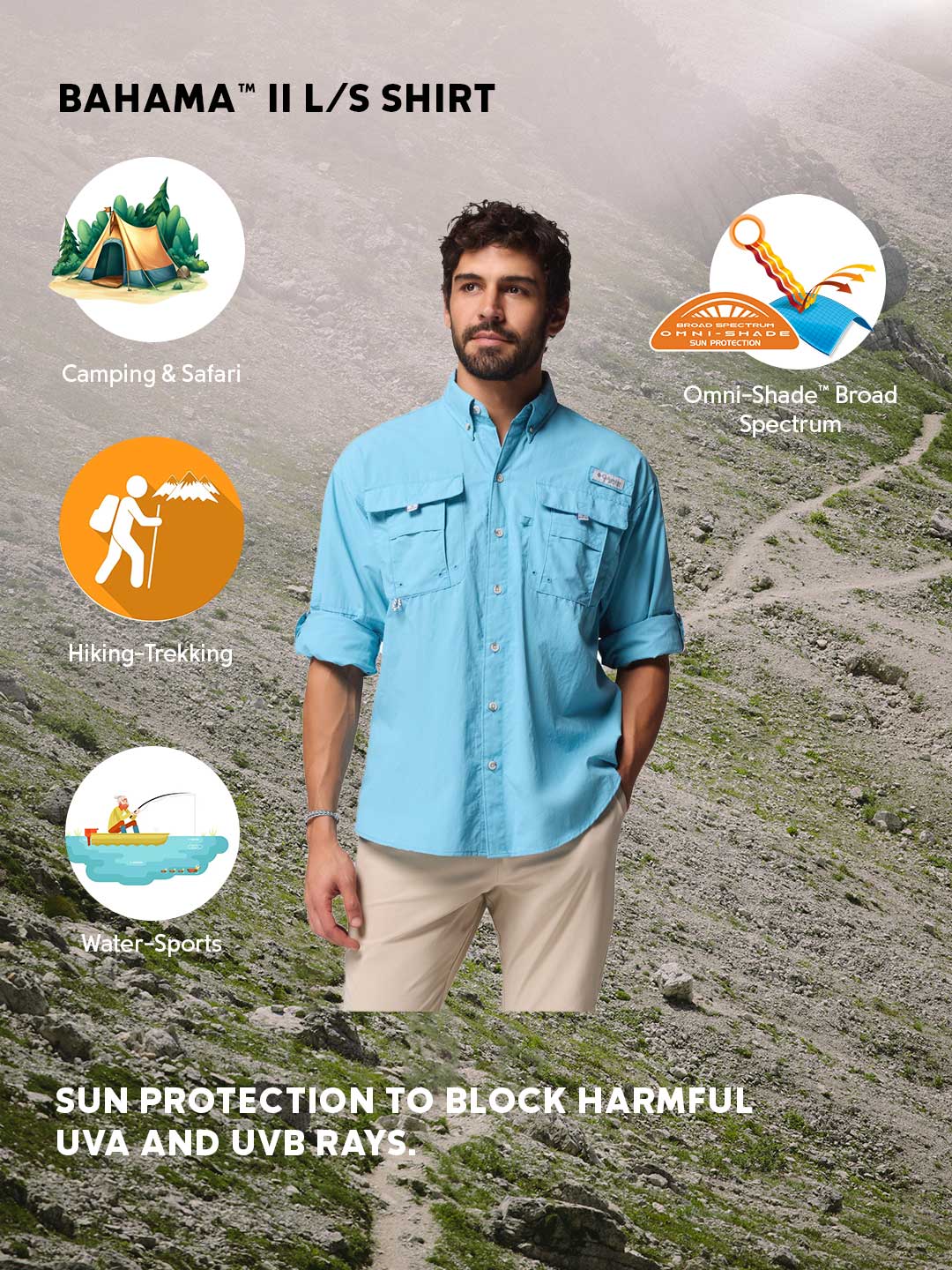 Columbia Men Blue Omni-Shade Bahama II Long Sleeve Shirt