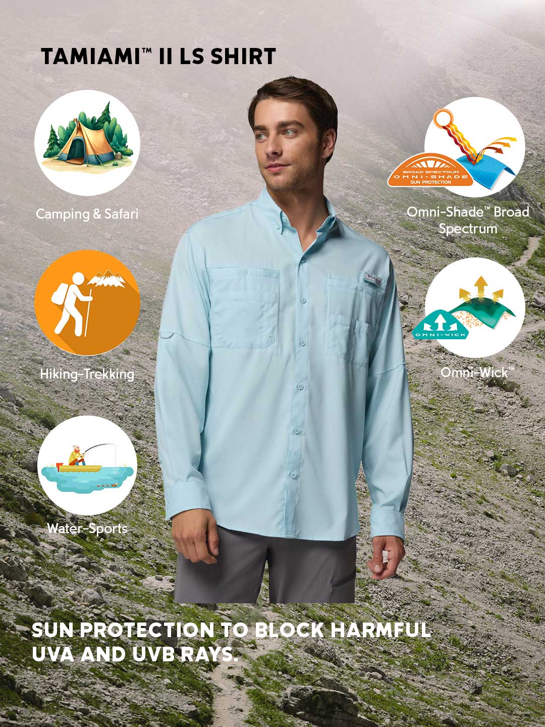 Columbia Men Blue Omni-Shade Tamiami II Long Sleeve Shirt